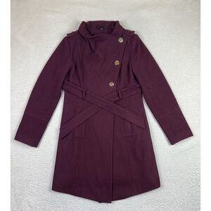 GUESS Coat Womens Medium Burgundy Wool Blend Belted Double Breasted Asymmetrical